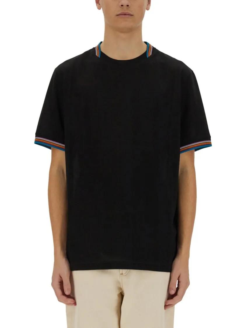 Thumbnail - Paul Smith - Black Cotton T-Shirt With Colorful Striped Detaili - Größe S - schwarz