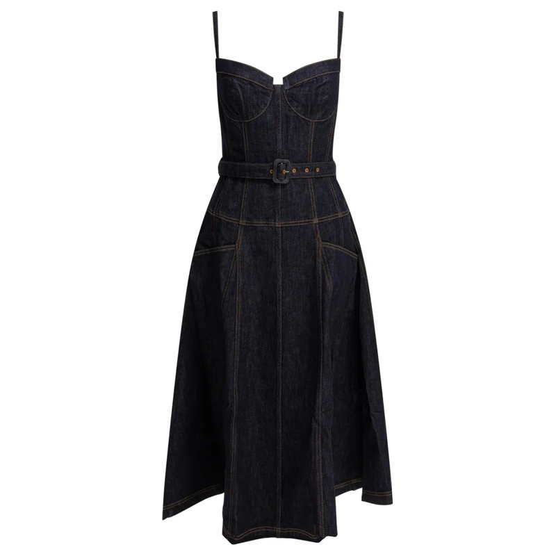 Self Portrait Midi-jurk Denim Flared Midi Dress Black