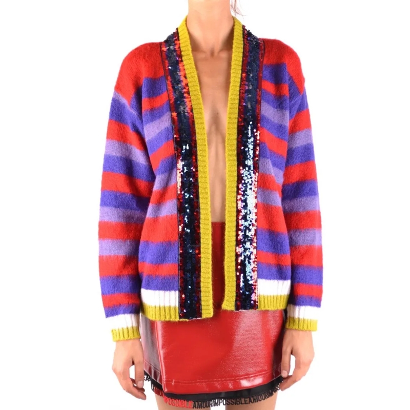 Pinko Pullover Multicolor Striped V-Neck Sweater With Sequined Pa Red