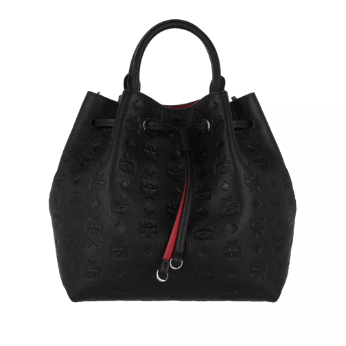 MCM Klara Monogrammed Leather Drawstring Black Bucket Bag