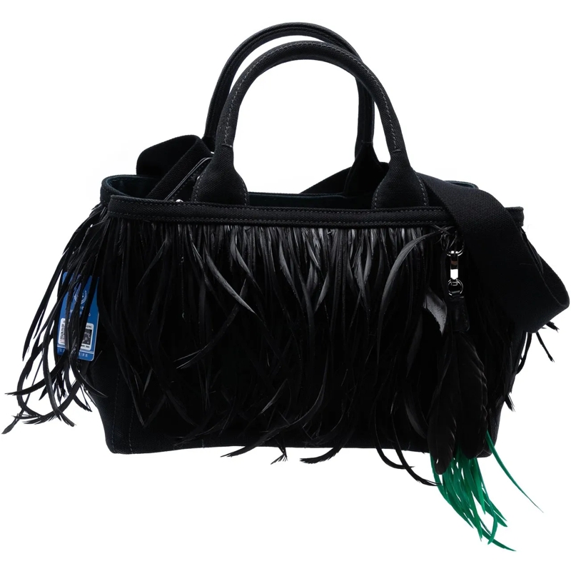 Prada Sac à bandoulière Small Feather Trimmed Canvas Canapa Satchel schwarz