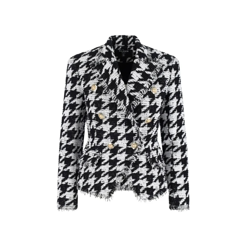 Balmain Blazer Double-Breasted Houndstooth Blazer With Frayed Des Black