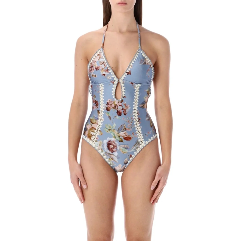 Zimmermann  Chambray Crochet One-Piece Swimsuit Blue