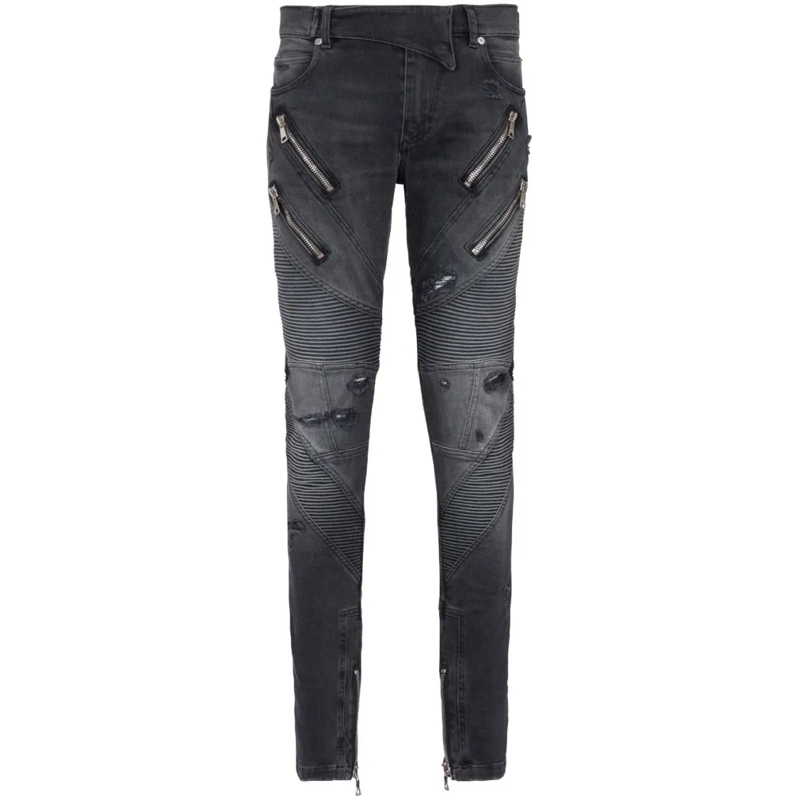 Balmain Jeans Anthracite Grey Stretch-Cotton Distressed Panelled Black