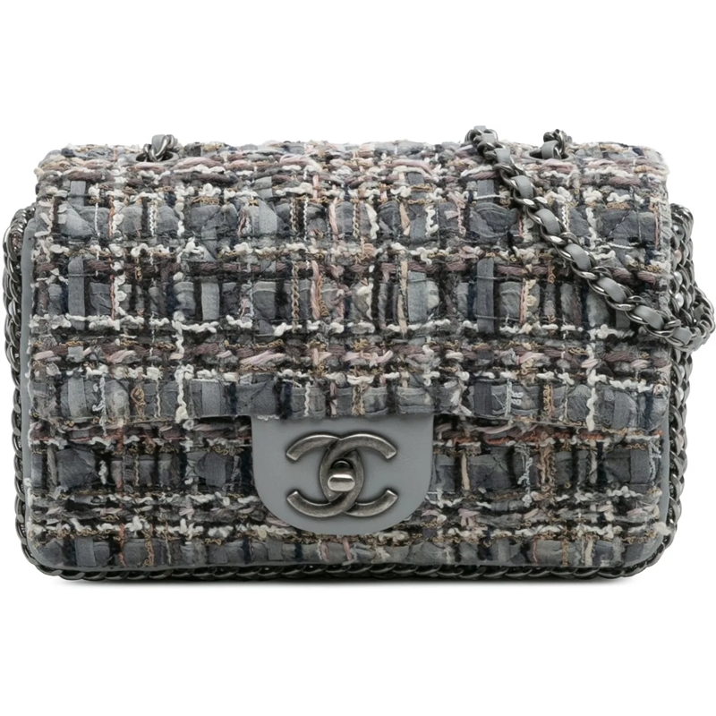 Chanel Sac à bandoulière Mini Quilted Tweed River of Pearls Flap grau