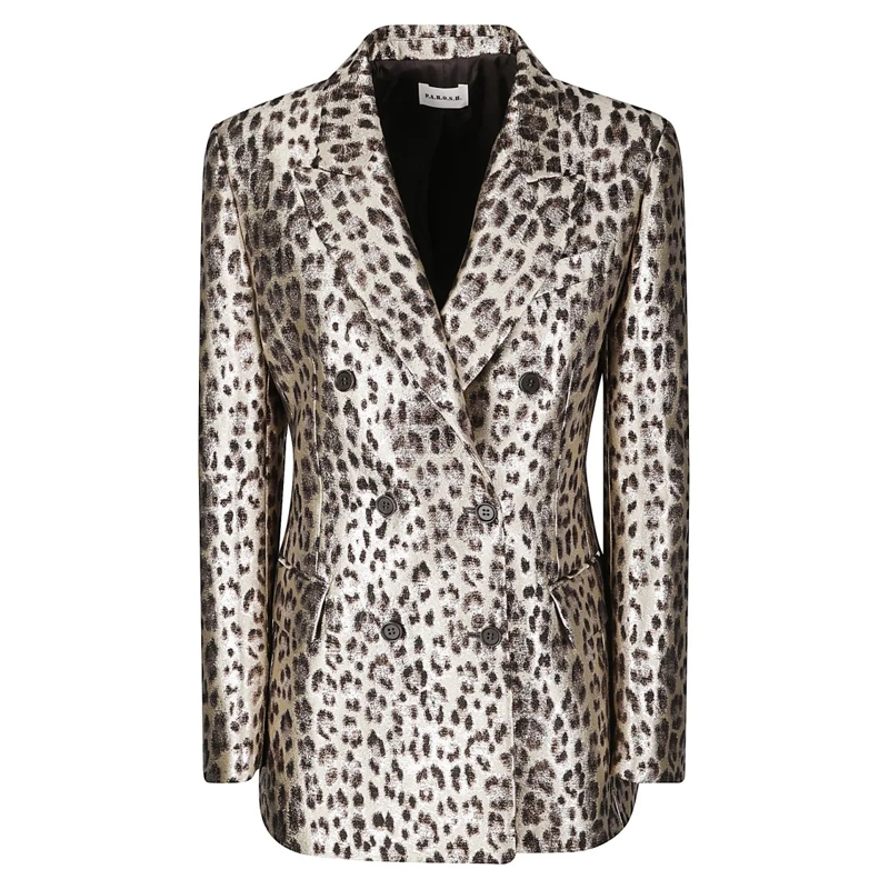 P.A.R.O.S.H. Blazer Double-Breasted Leopard Print Blazer With Textured Brown