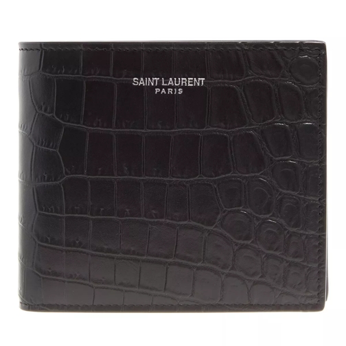 Saint Laurent East/West Coin Wallet Crocodile Embossed Black Bi-Fold Wallet