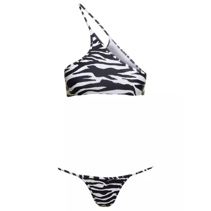 The Attico One Shoulder Bikini Set With All Over Zebra Print Black