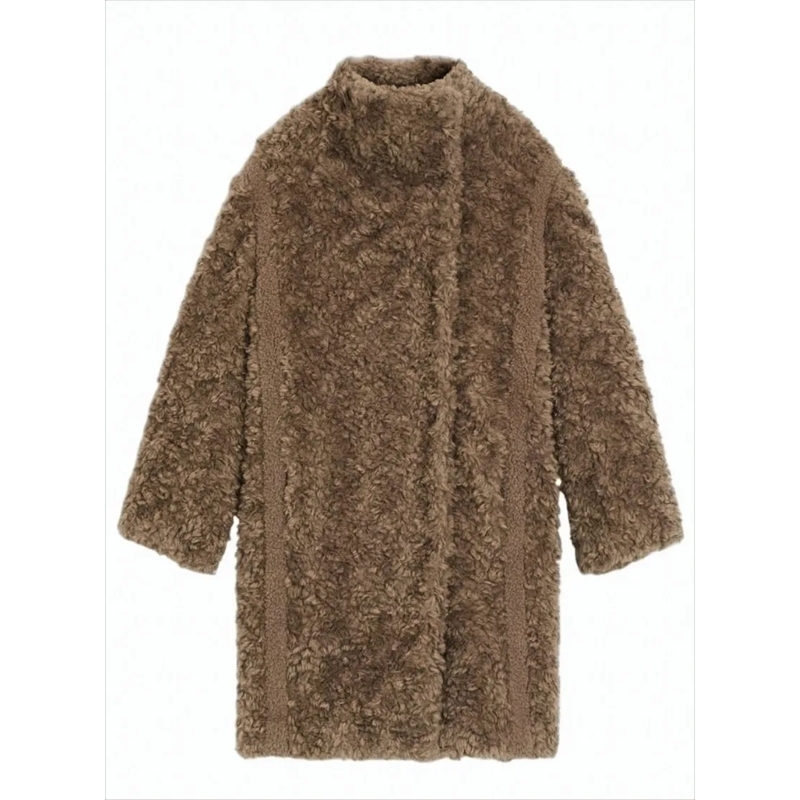 Boss  Faux Fur Coat With Mandarin Collar Brown