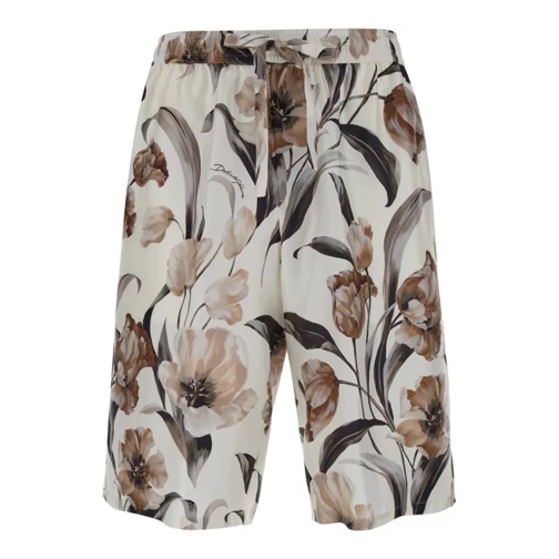 Dolce&Gabbana Beige Bermuda Short With Flower Print In Silk Twil Neutrals 