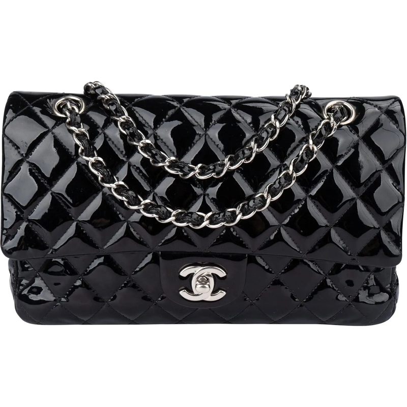 Chanel Sac à bandoulière Chanel Quilted Patent Leather Palladium Medium Dou schwarz