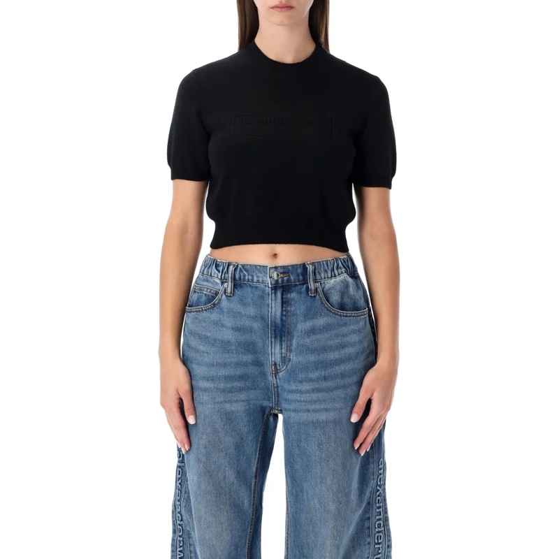 Alexander Wang Trui Cropped Ribbed Chenille Sweater With Logo Black
