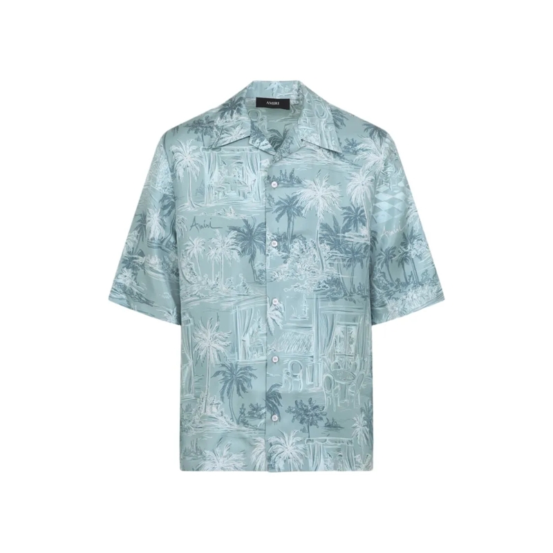 Amiri Overhemd Short-Sleeve Silk Shirt With Tropical Print Blue