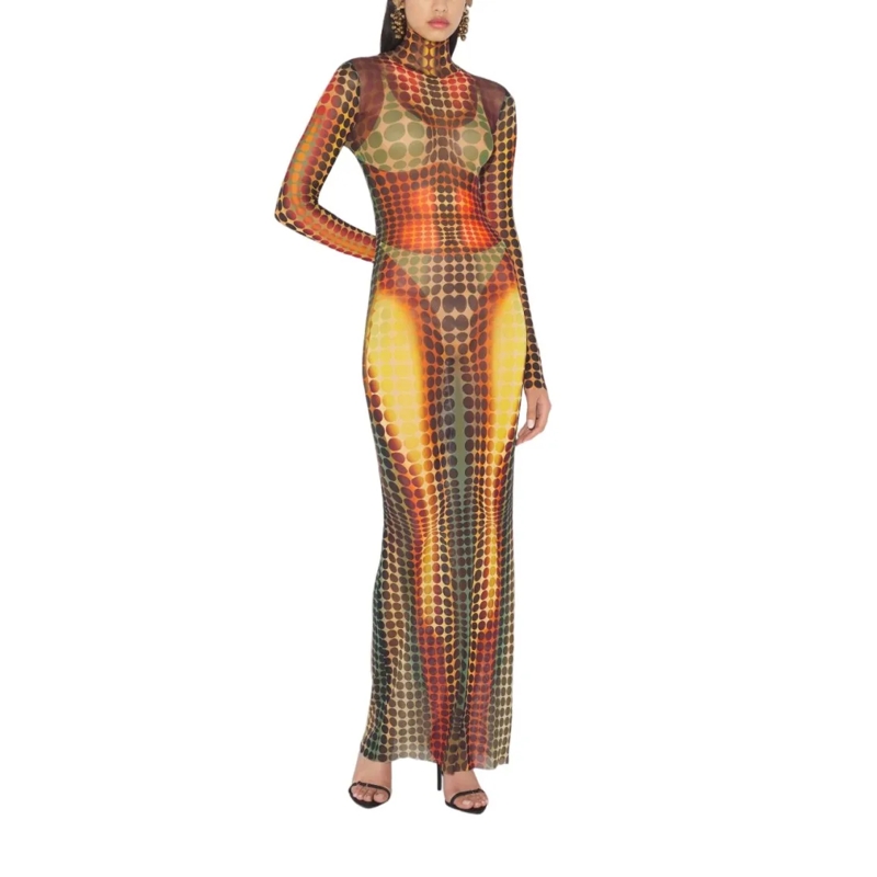 Jean Paul Gaultier  Form-Fitting Maxi Dress With Optical Dot Pattern Brown