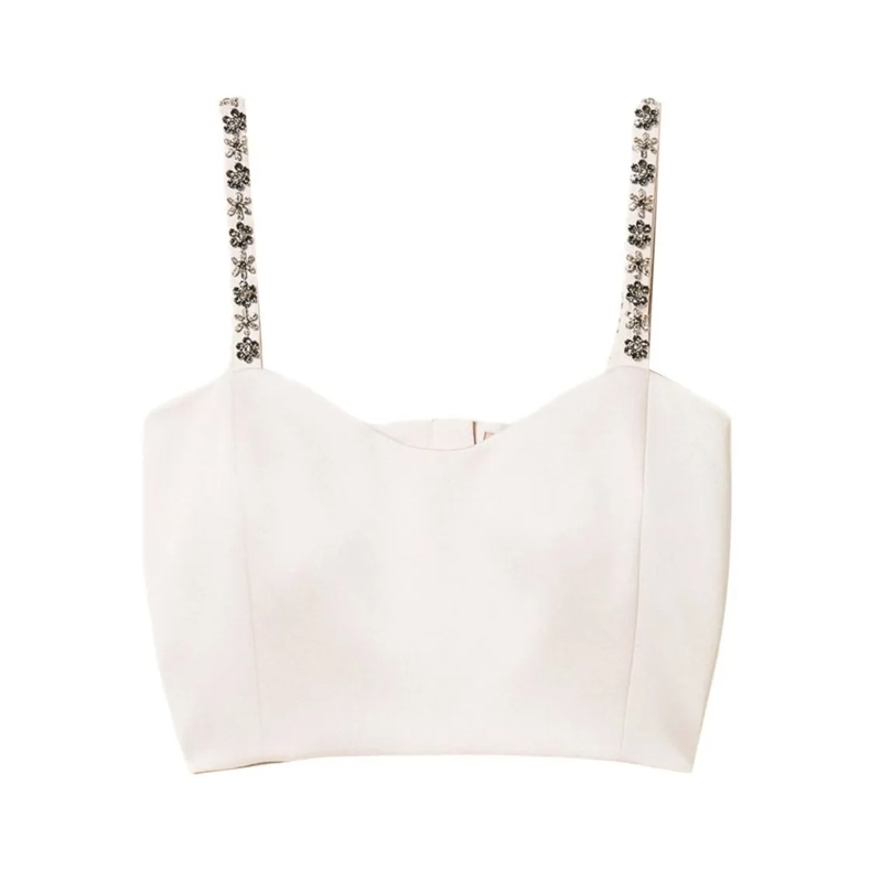Twin-Set Bluse Cropped Fitted Top With Floral Bead Accents Neutrals