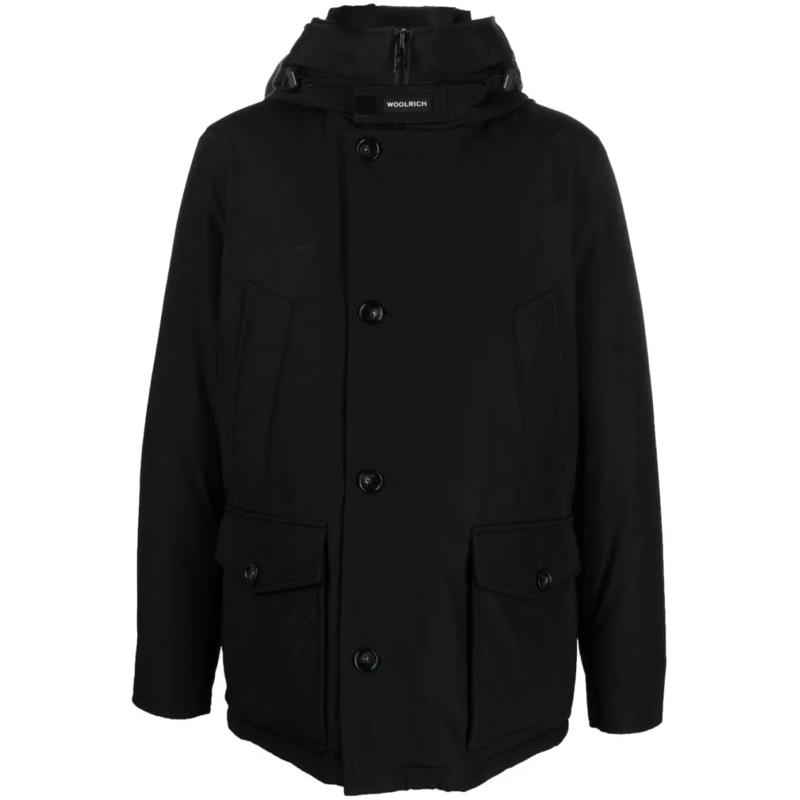 Woolrich Parka Padded Jet Black Parka With Logo Print And Drawstr Black