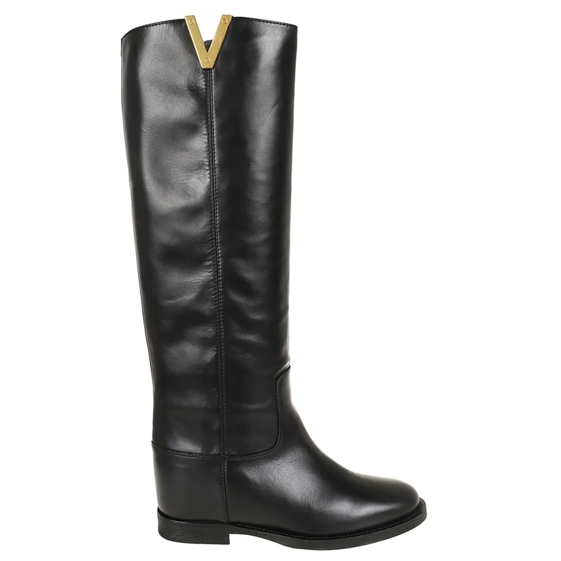 Via Roma 15 Bottes Knee-High Black Calfskin Boots With Internal Wedge Black