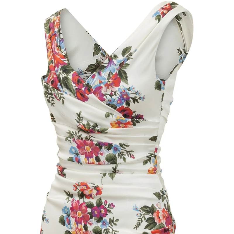 Dolce&Gabbana Midikleid Abito con Scollo a V e Drappeggio e Motivo Floreal weiß(Image 4)