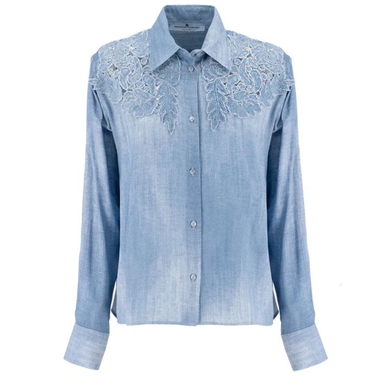 Ermanno Scervino Chemise Floral Lace Shoulder Shirt In Vintage Jeans Fabric Blue