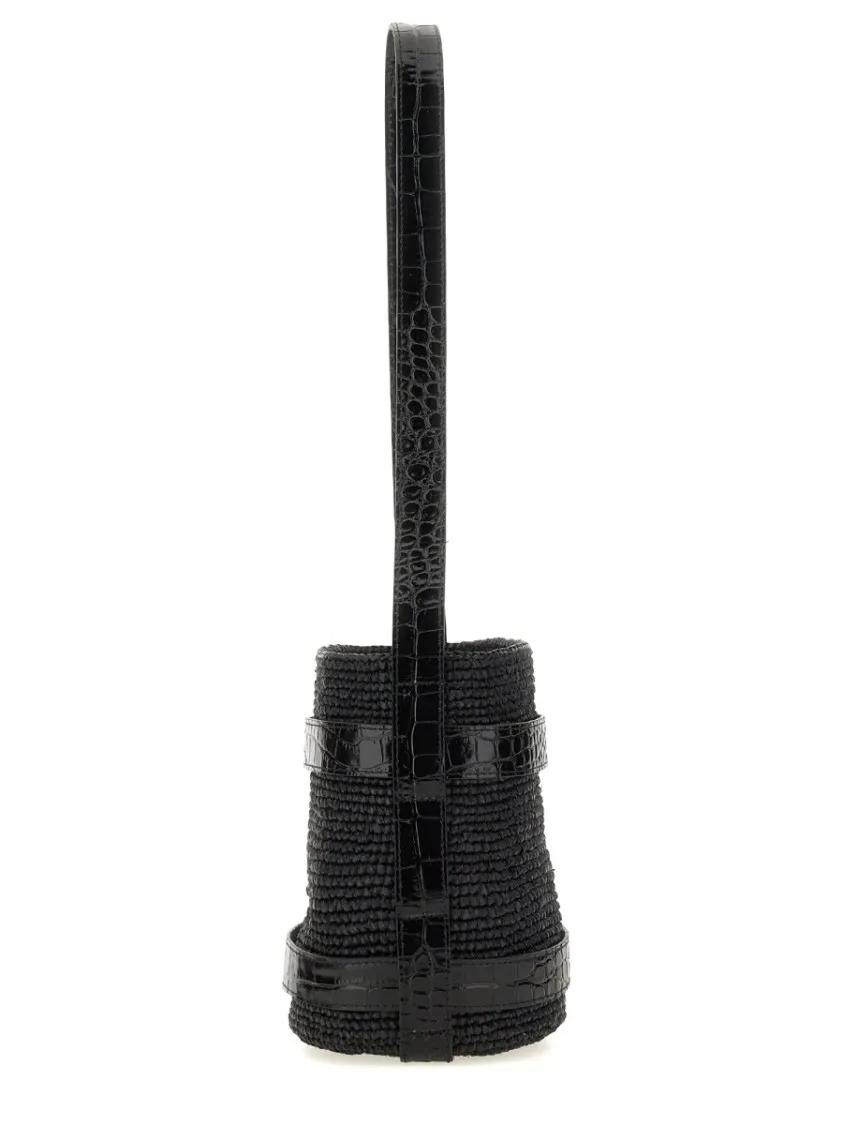 Manebi Hobo bags Textured Raffia Bucket Bag With Glossy Accents in zwart