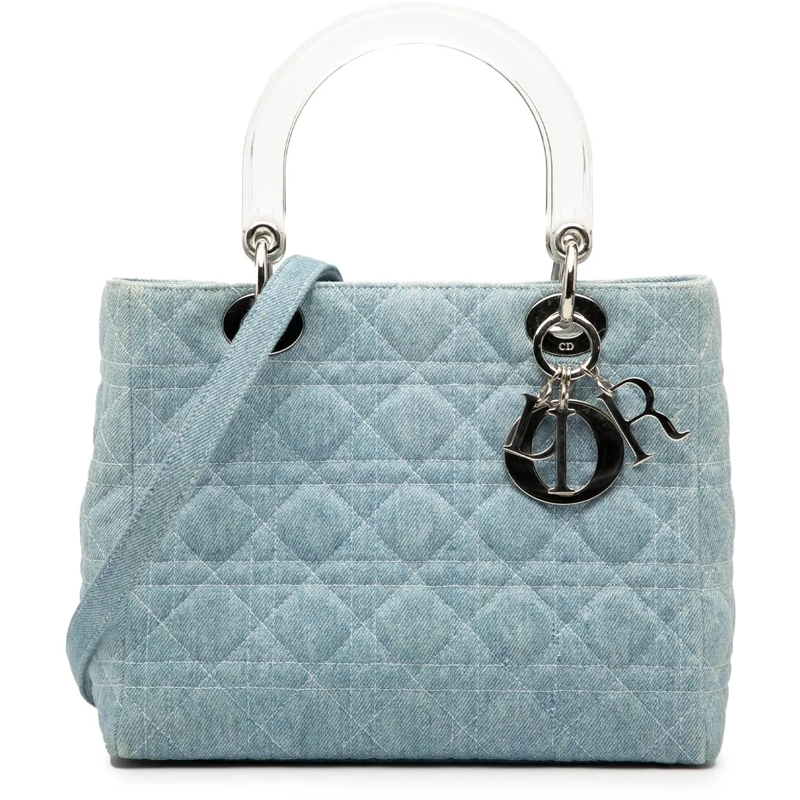 Christian Dior Schultertasche Medium Denim Cannage Acrylic Handles Lady Dior blau