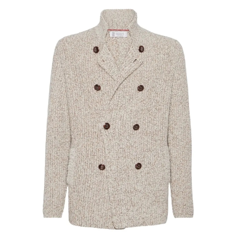 Brunello Cucinelli  Textured Knit Double-Breasted Jacket With High Col Neutrals