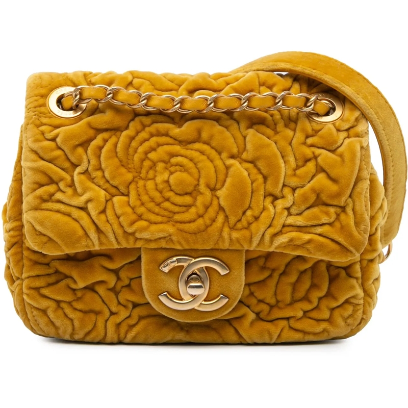 Chanel Schultertasche Mini Square Velvet Camellia Embossed Flap gelb