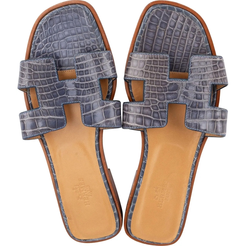 Hermès Sandalen Hermes Bleu Crocodile Oran Sandals (36) blau