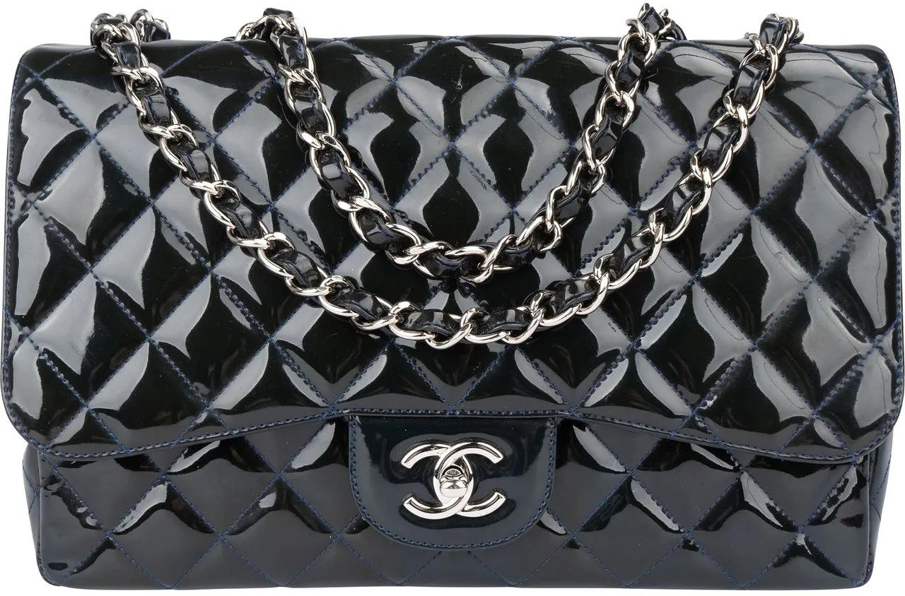 Chanel Crossbody Bags - Chanel Quilted Patent Leather Palladium Jumbo Sing - Gr. unisize - in Blau - für Damen