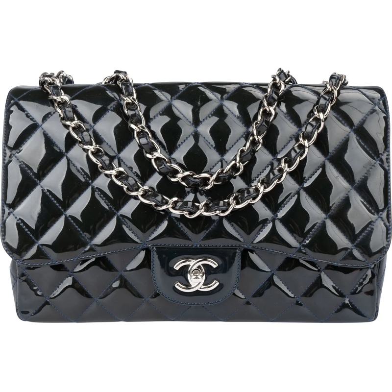 Chanel Sac à bandoulière Chanel Quilted Patent Leather Palladium Jumbo Sing blau