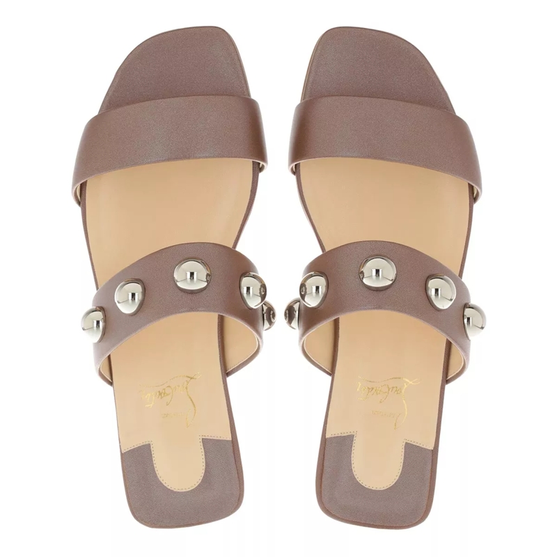 Christian Louboutin Slides Simple Bille Dome Studs Flat Sandals Leather  Biscotto/Silver(Image 4)