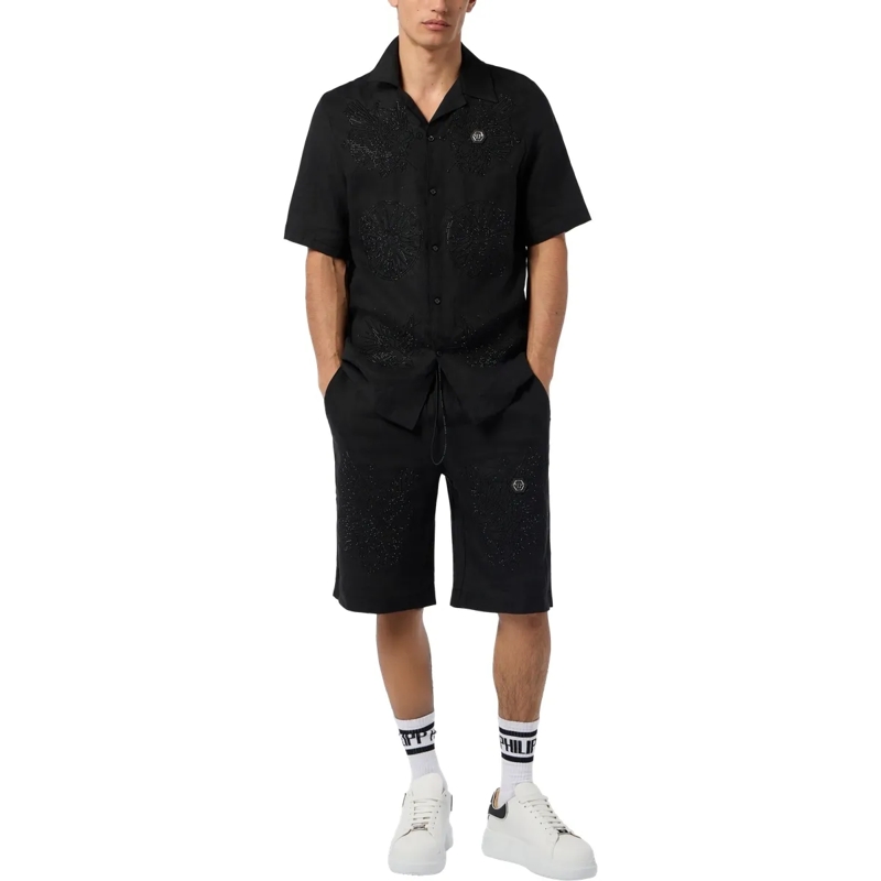 Philipp Plein Hemd Embroidered Linen Bowling Shirt Tattoo Strass schwarz(Image 4)