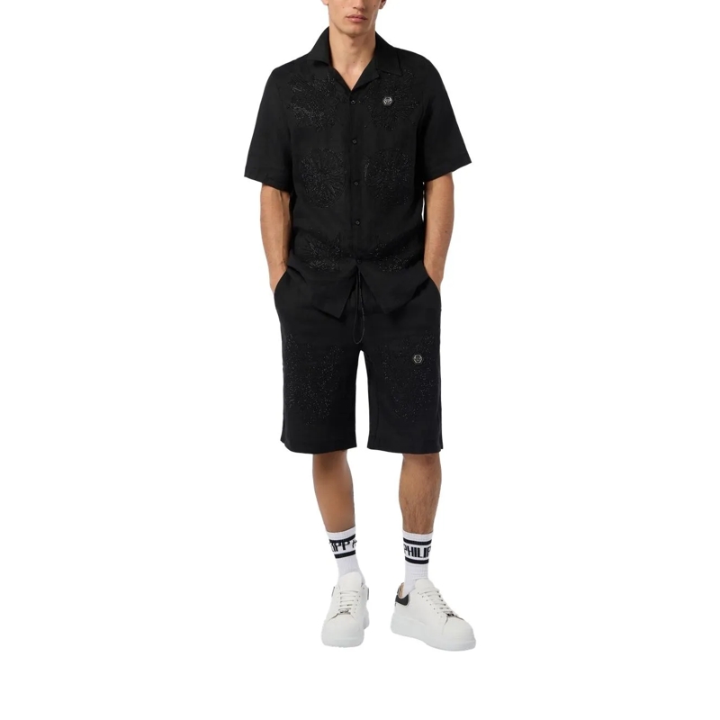 Philipp Plein Hemd Embroidered Linen Bowling Shirt Tattoo Strass schwarz(Image 4)