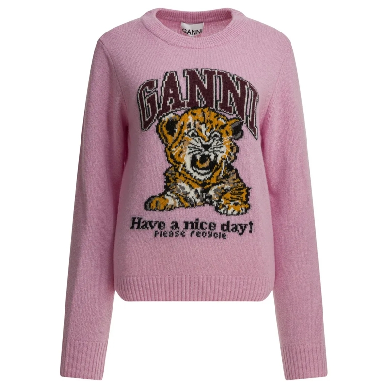 GANNI Pullover Playful Graphic Print Wool Sweater With Eco-Friend Pink