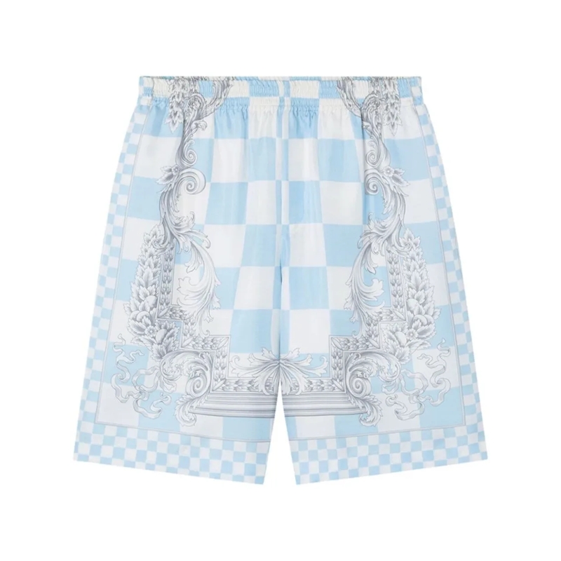 Versace Casual Shorts Silk Checkerboard Print Shorts White