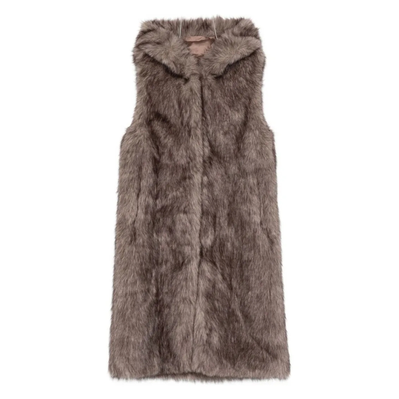 Betta Corradi  Hooded Sleeveless Coat In Plush Faux Fur Grey