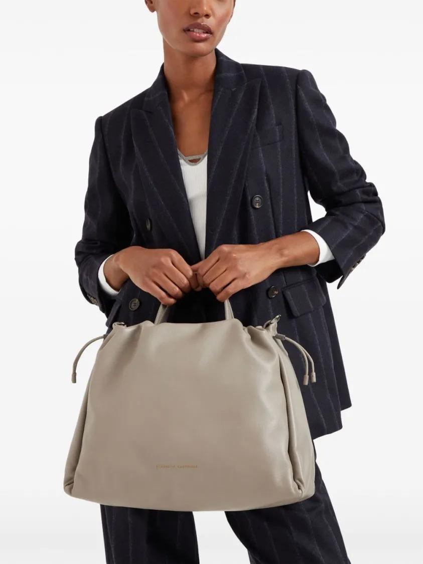 Thumbnail - Brunello Cucinelli Crossbody Bags - Gathered Light Grey Calf Leather Bag With Monili C - Gr. unisize - in Grau - für Dam...
