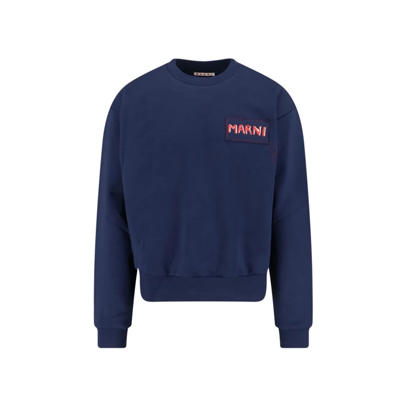 Marni Pullover Boxy Navy Blue Cropped Sweater With Bold Logo Patc Blue