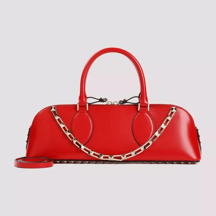 Valentino Crossbody bags Duffle Rockstud Red Calf Leather Handbag in rood