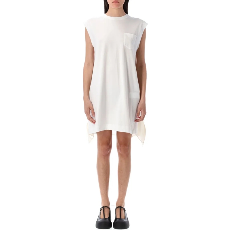 Sacai Minikleid Panelled Mini Dress With Rear Satin Ruffled White
