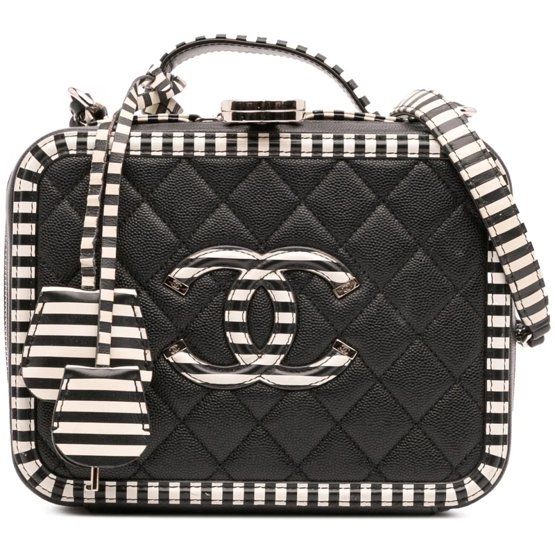 Chanel Nécessaire Small Caviar Striped CC Filigree Vanity Case schwarz