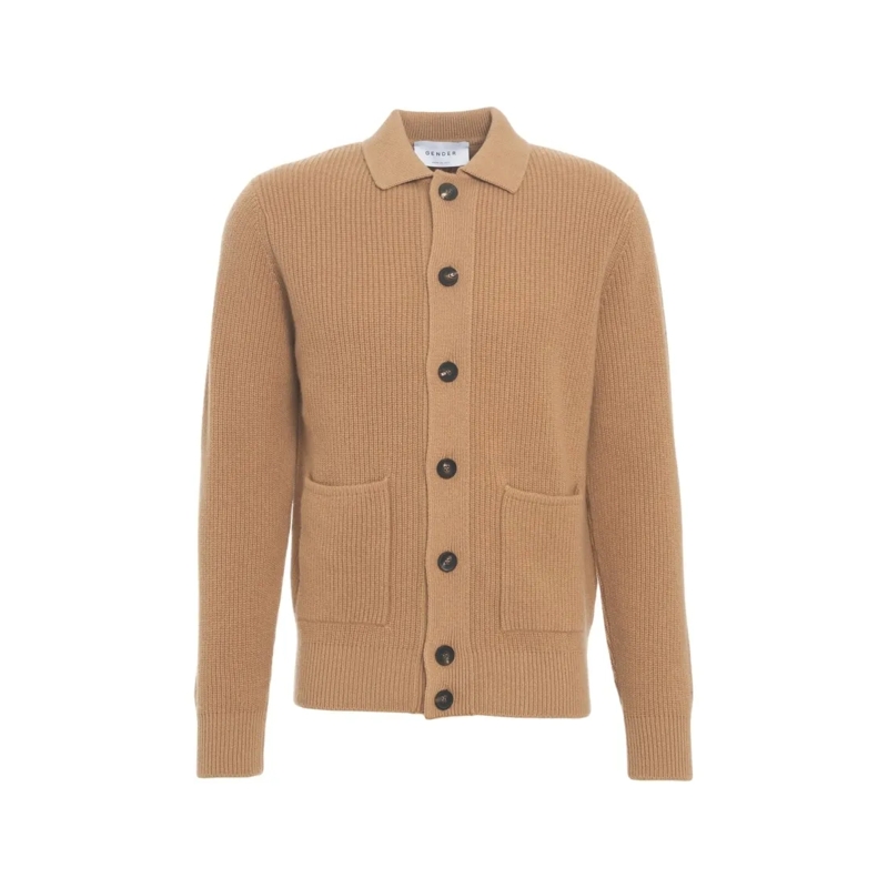 Gender  Ribbed Knit Jacket With Classic Collar And Button  Neutrals