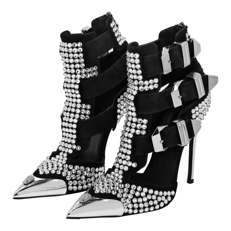 Philipp Plein Riemchensandalen Sandaletten Skull Mit Schmucksteinen silber