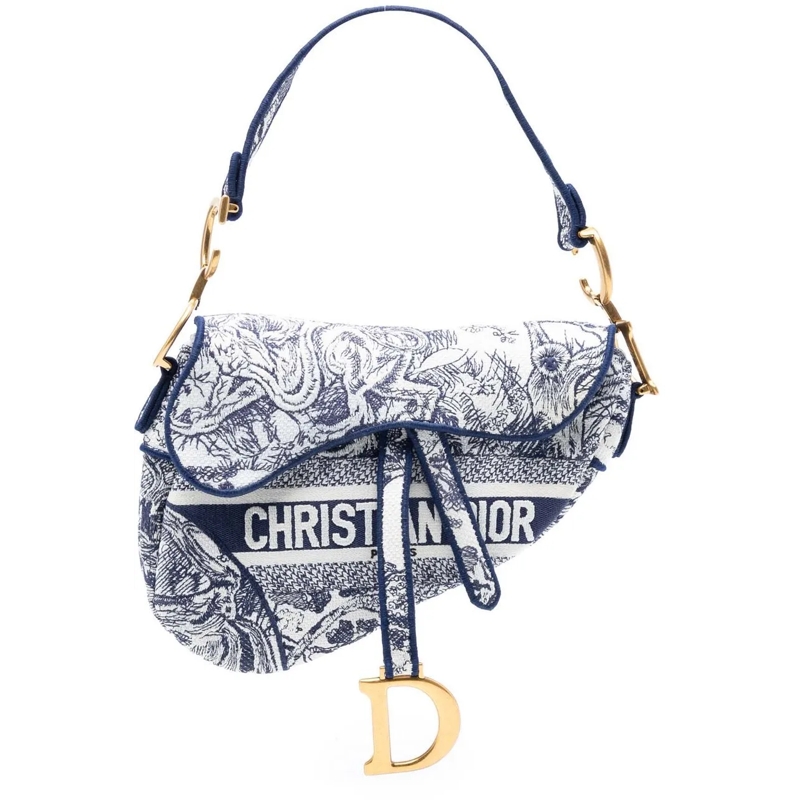 Christian Dior Schultertasche Canvas Embroidered Toile de Jouy Saddle Bag blau