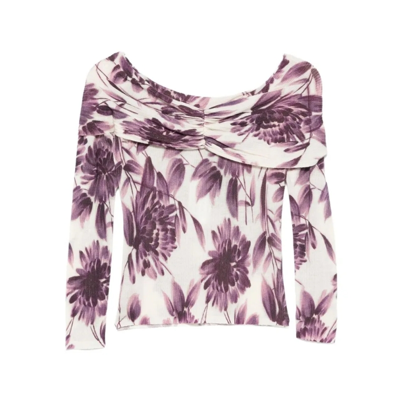 Twin-Set Pull Floral Print Off-Shoulder Long-Sleeve Sweater Pink