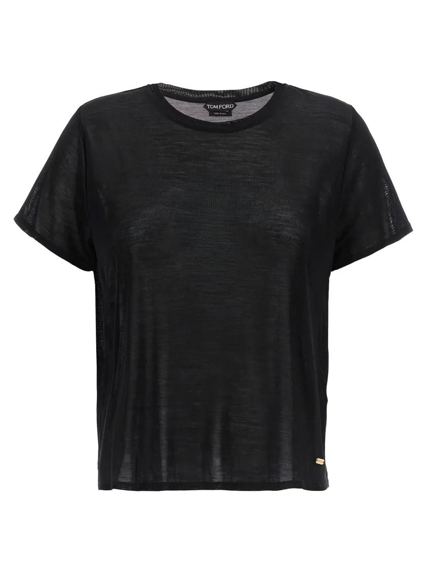 Tom Ford Sheer Silk T-Shirt With Gold Logo Plaque Black | T