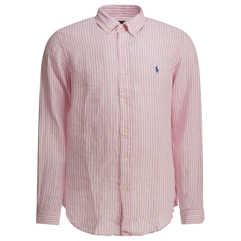Polo Ralph Lauren Overhemd Vertical Striped Linen Shirt With Button-Down Coll Pink