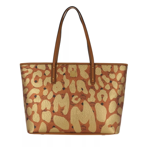 MCM Anya Leopard Print Top Zip Shopper Medium Cognac Shopping Bag
