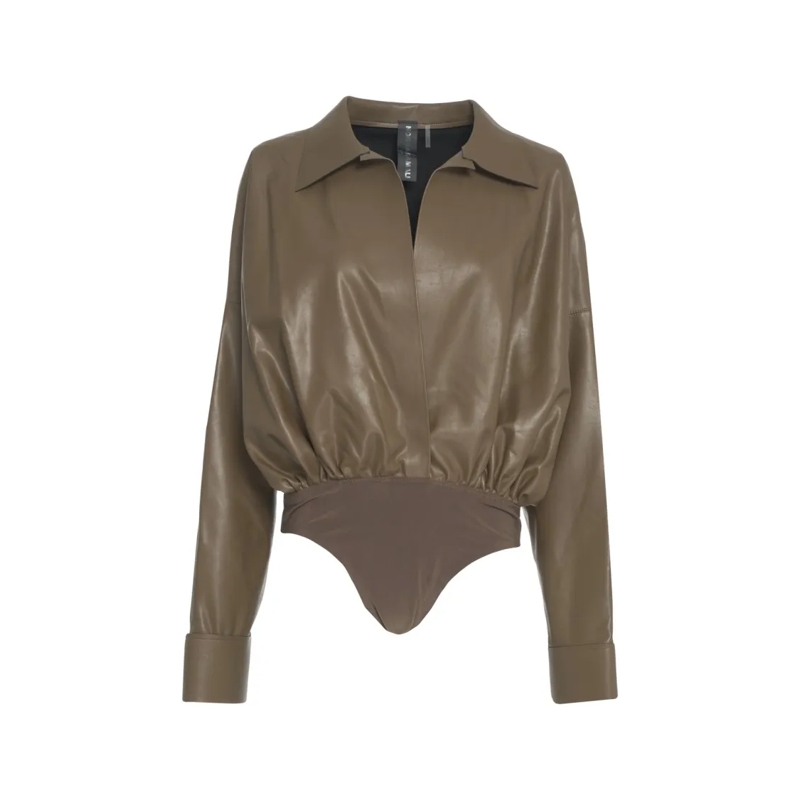 Norma Kamali  Boyfriend' Faux Leather Bodysuit Green