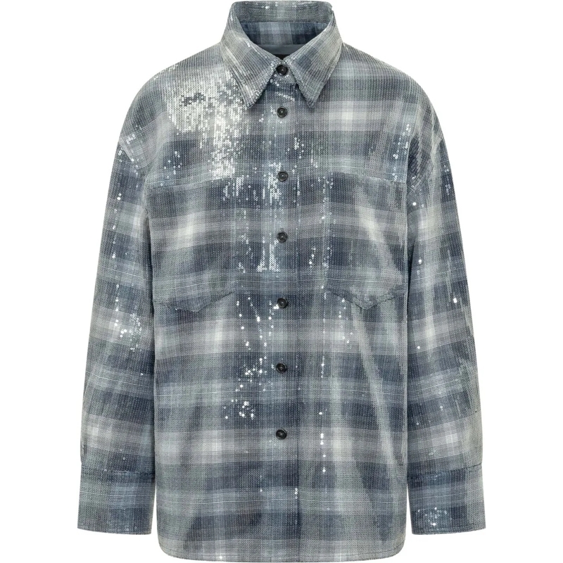 Pinko Bluse Orchidea Overshirt Check con Paillettes grau